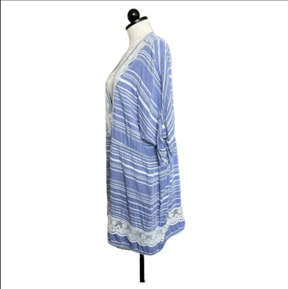 Dotti Tassel Tunic Striped Cover Up Blue White Crocheted Lace Trim Drawstring 1X - Picture 5 of 13
